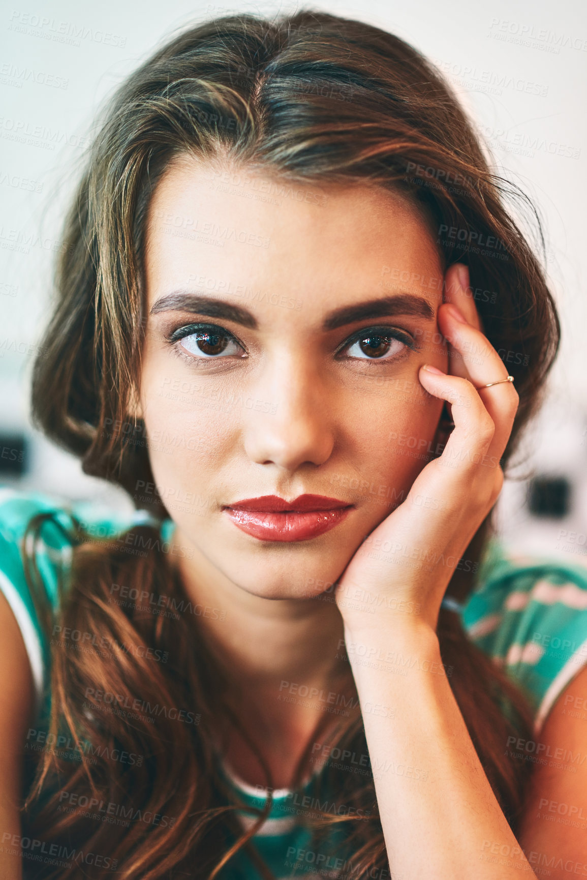 Buy stock photo Portrait of a beautiful young woman in a diner