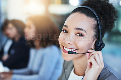 Buy stock photo Portrait of a young woman working in a call centre