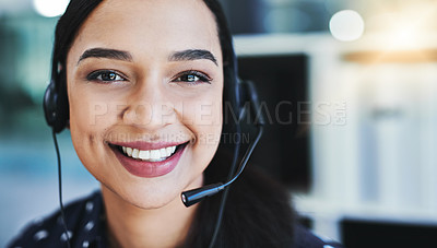 Buy stock photo Portrait of a young woman working in a call centre