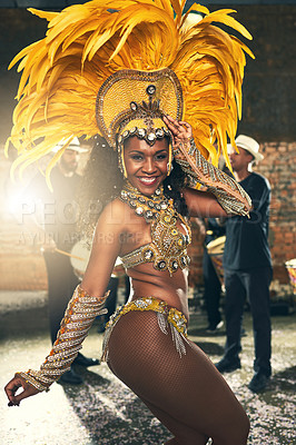 Buy stock photo Black woman, Carnival and samba dancer with costume, festival and culture celebration in Rio De Janeiro, sexy and dancing outdoor. Feather, celebrate and smile in portrait, dance in city street.