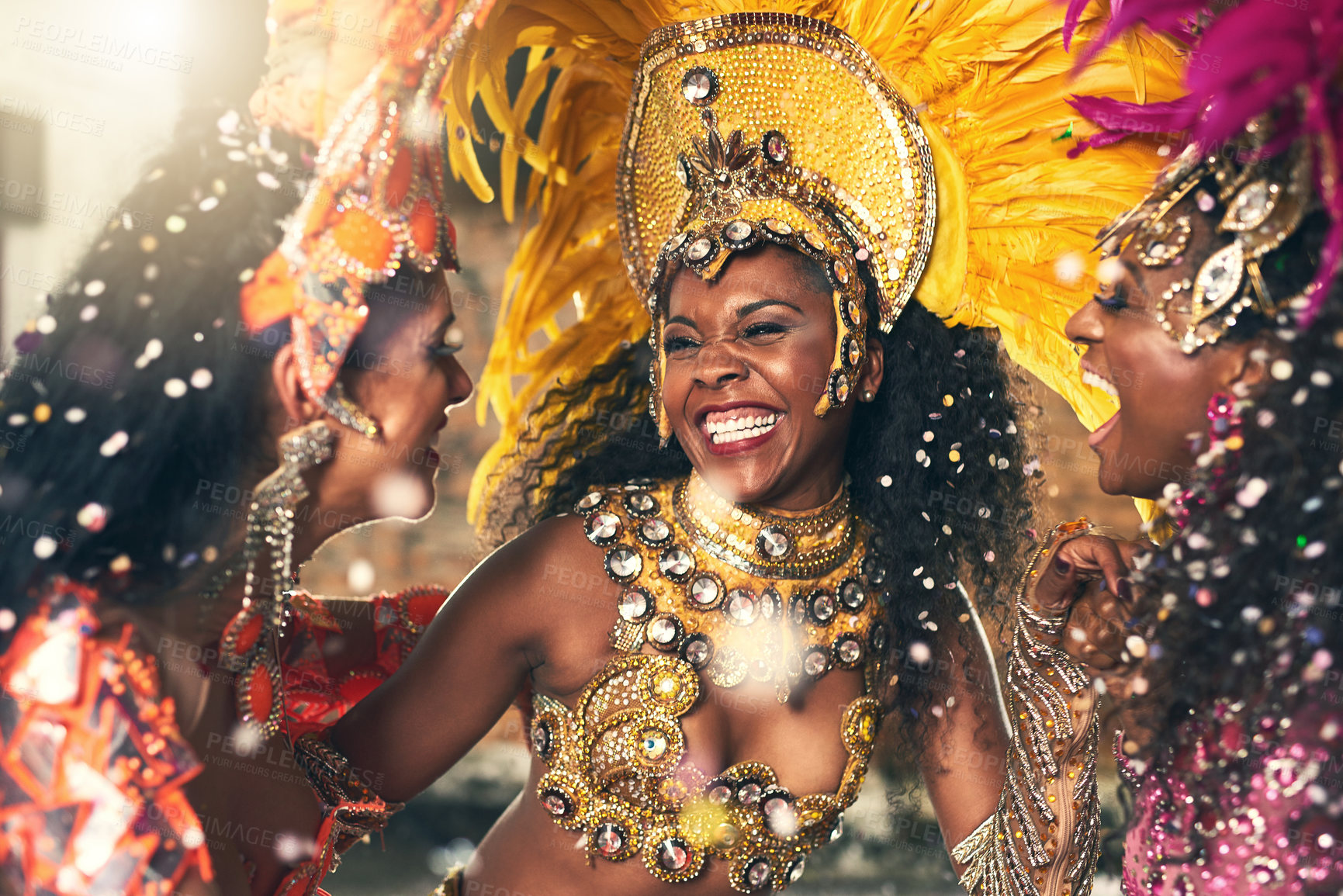 Buy stock photo Party, carnival and samba dancer friends at festival, event and celebration in Brazil. Culture, art costume and black women dancing, happy energy and excited for performance and rio de janeiro music