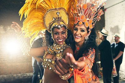 Buy stock photo Dancer friends portrait, Brazil carnival and street with band, happiness and art costume for performance. Women, dancing group and traditional artist for festival, event and music in Rio de Janeiro