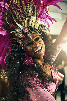 Buy stock photo Portrait, brazil and carnival with a black woman dancer in stage costume to perform for tradition or celebration. Dance, festival and culture with a Brazilian female dancing alone at a music event