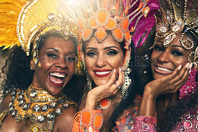 Buy stock photo Cropped portrait of three beautiful samba dancers performing at Carnival