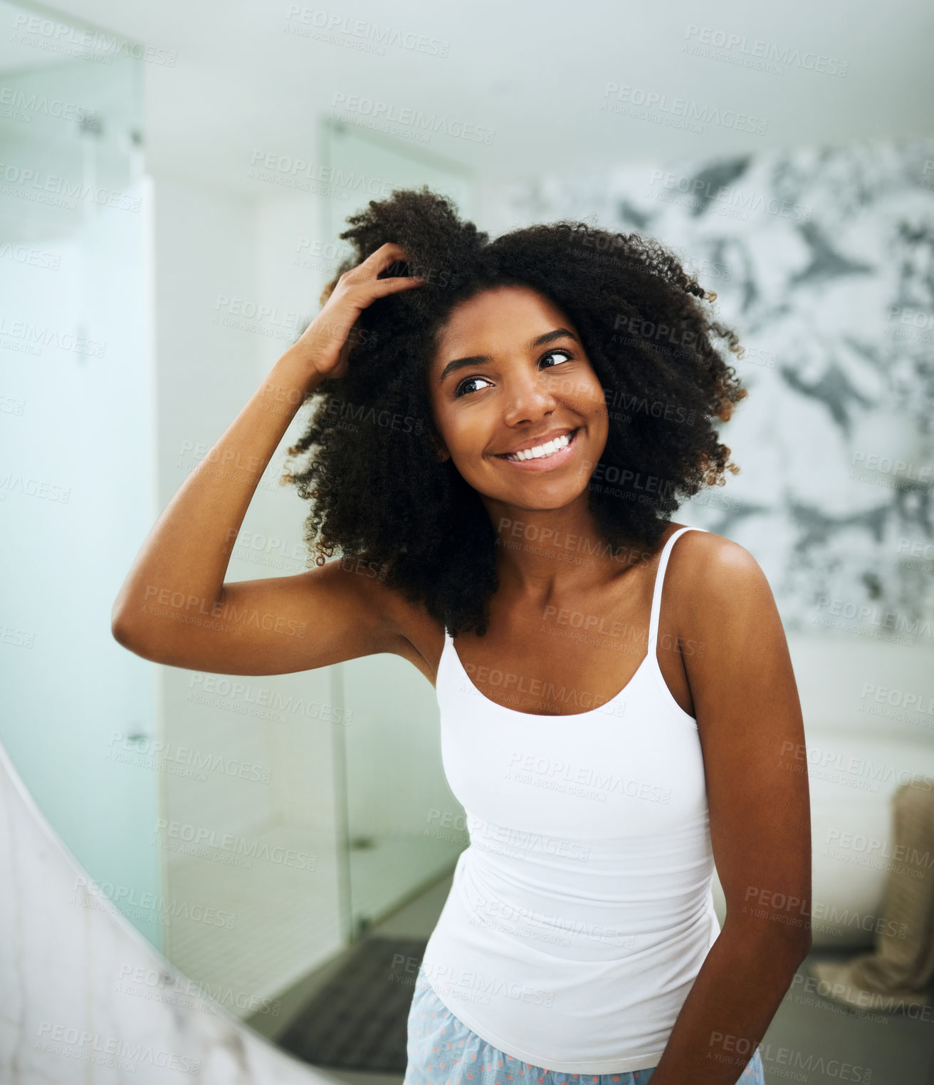 Buy stock photo Black woman, house and morning in mirror for skincare routine, results and self care assessment of facial treatment. Girl, pajamas and reflection in home for skin tone, blemishes and wellness.