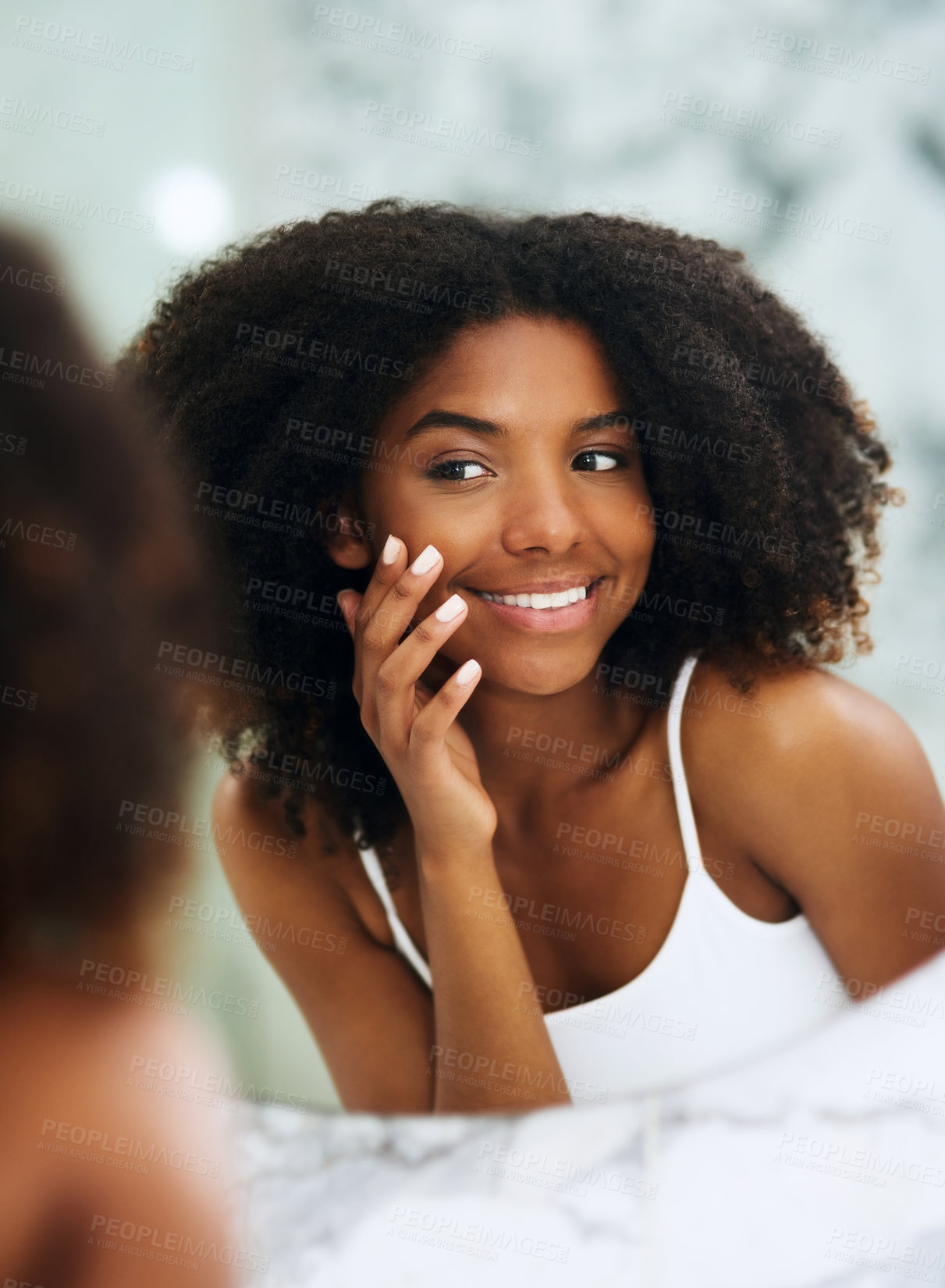 Buy stock photo Mirror, smile and black woman in bathroom for hygiene, skincare and natural face routine. Cosmetic, dermatology and happy female person with facial treatment, beauty reflection and morning in home