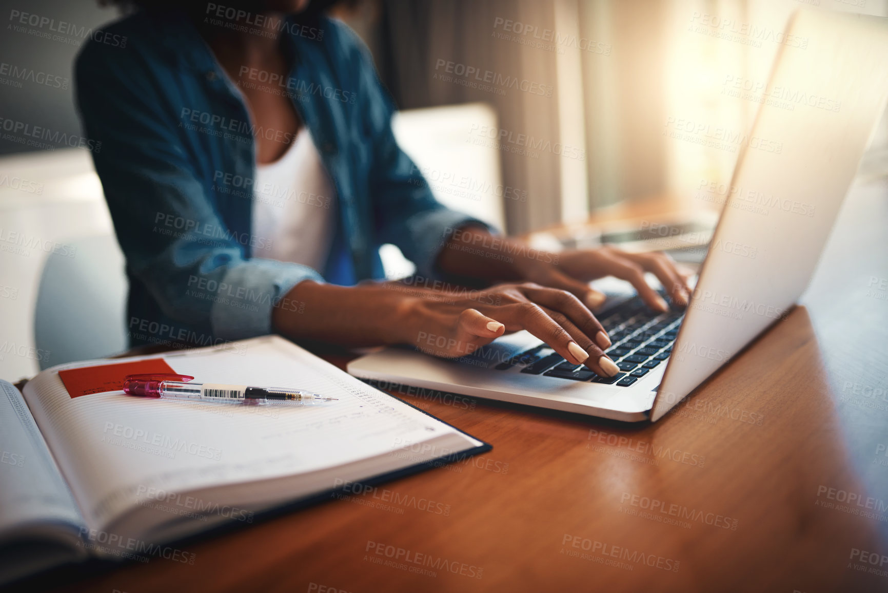 Buy stock photo Elearning woman hands, typing and laptop with education and learning notes at home. Student, female person and computer working with paperwork, notebook and writing in a house doing web research