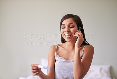 Buy stock photo Pregnancy test, happy and woman in bedroom with phone call for online chat, communication and news. Home, pregnant and girl with medical stick for fertility results, maternity and talking on bed