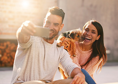 Buy stock photo Shot of a happy young couple taking selfies together with their dog outdoors