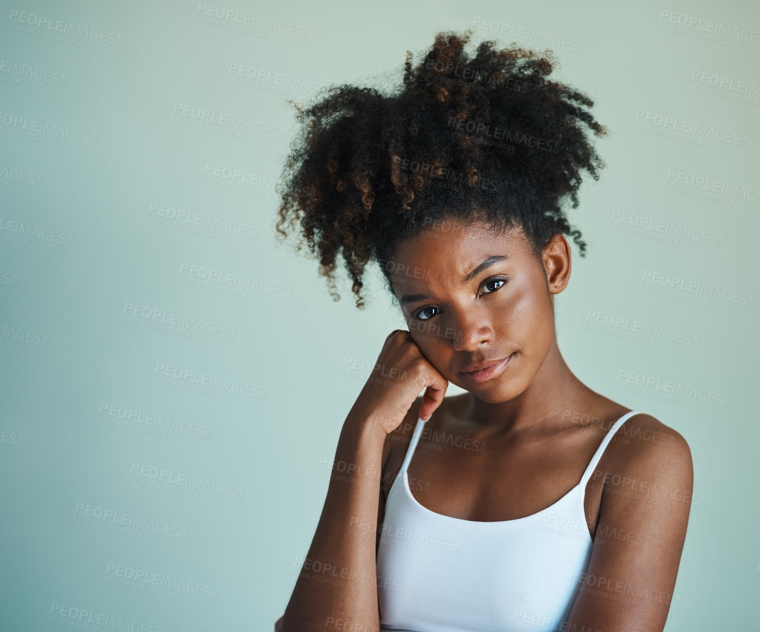 Buy stock photo Portrait, skincare and beauty of black woman with makeup in studio isolated on background. Face, glow and confident model in cosmetics with curly hairstyle at salon for health, shine or mockup space