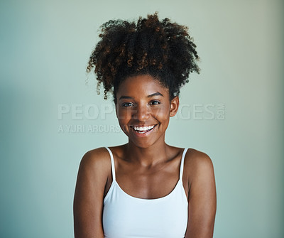 Buy stock photo Smile, youth and portrait of black woman on studio background with afro, happiness and skincare. Beauty, dermatology and happy African girl, model with mockup, natural cosmetics and beautiful face.