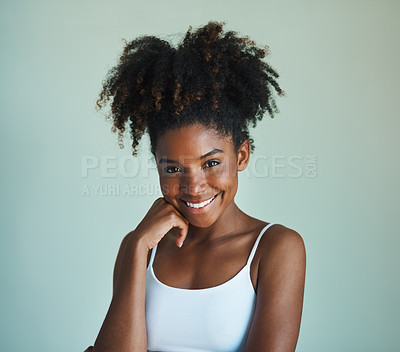 Buy stock photo Smile, confidence and portrait of young black woman on studio background with afro, happiness and skincare. Beauty, dermatology and happy African girl, model with mockup, skin glow and beautiful face