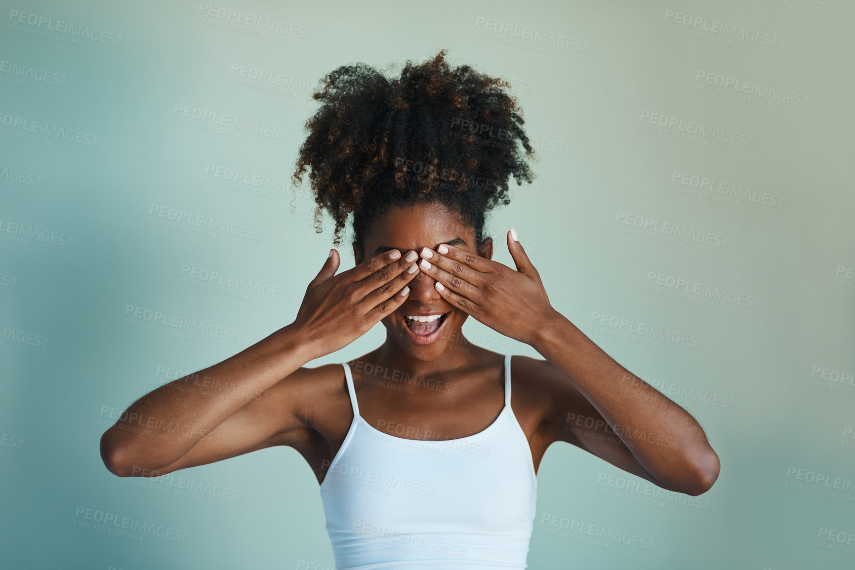 Buy stock photo Woman, eyes and covered with expression for playful, calm and peace in cozy or comfort in home. African girl, funny face and cheerful with happy or confident on background for joy, wellness or comic