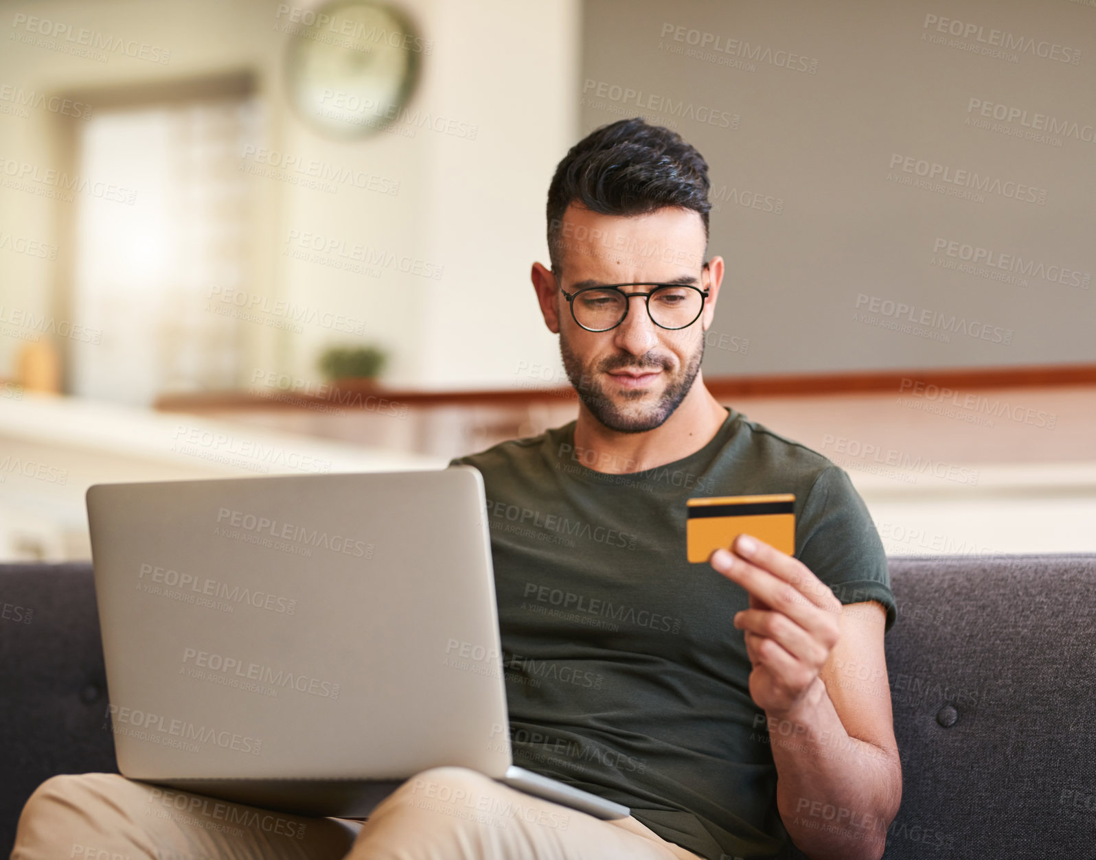 Buy stock photo House, credit card and man on sofa, laptop and digital payment with ecommerce, transactions or banking. Apartment, person or guy on couch, buying or online shopping with internet or finance in lounge