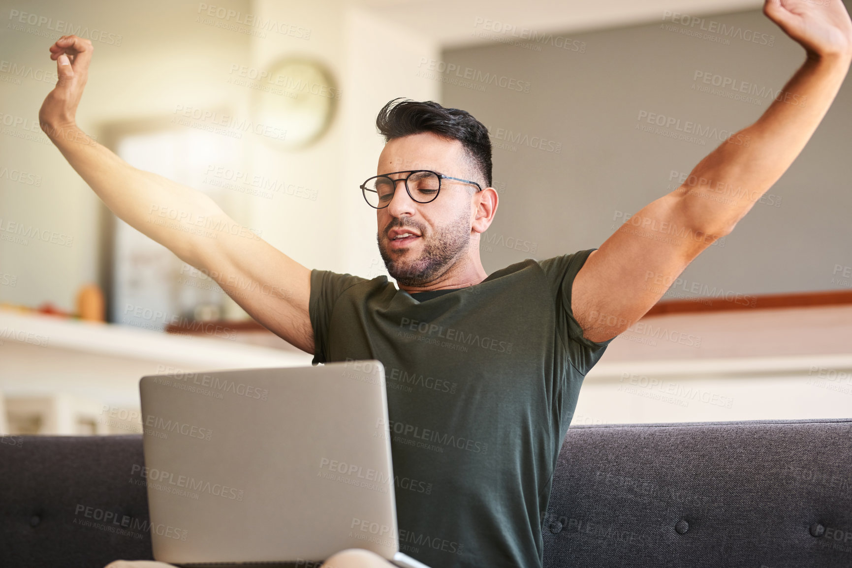 Buy stock photo Man, stretching and laptop for remote work at house with complete project, deadline and copywriting solution. Tired, male person and relax with online, writer proposal and relief for finished article