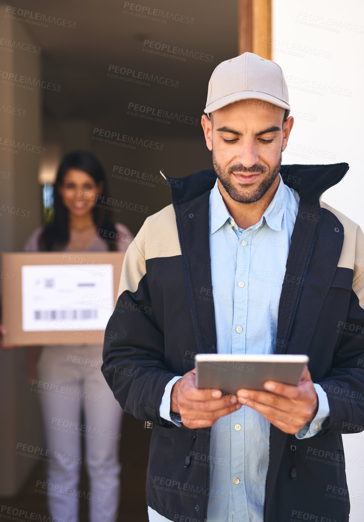 Buy stock photo Delivery, man and package for customer, tablet and logistics for parcel and technology. Post officer, box and male person for distribution, shipping and woman for online shopping from courier to door