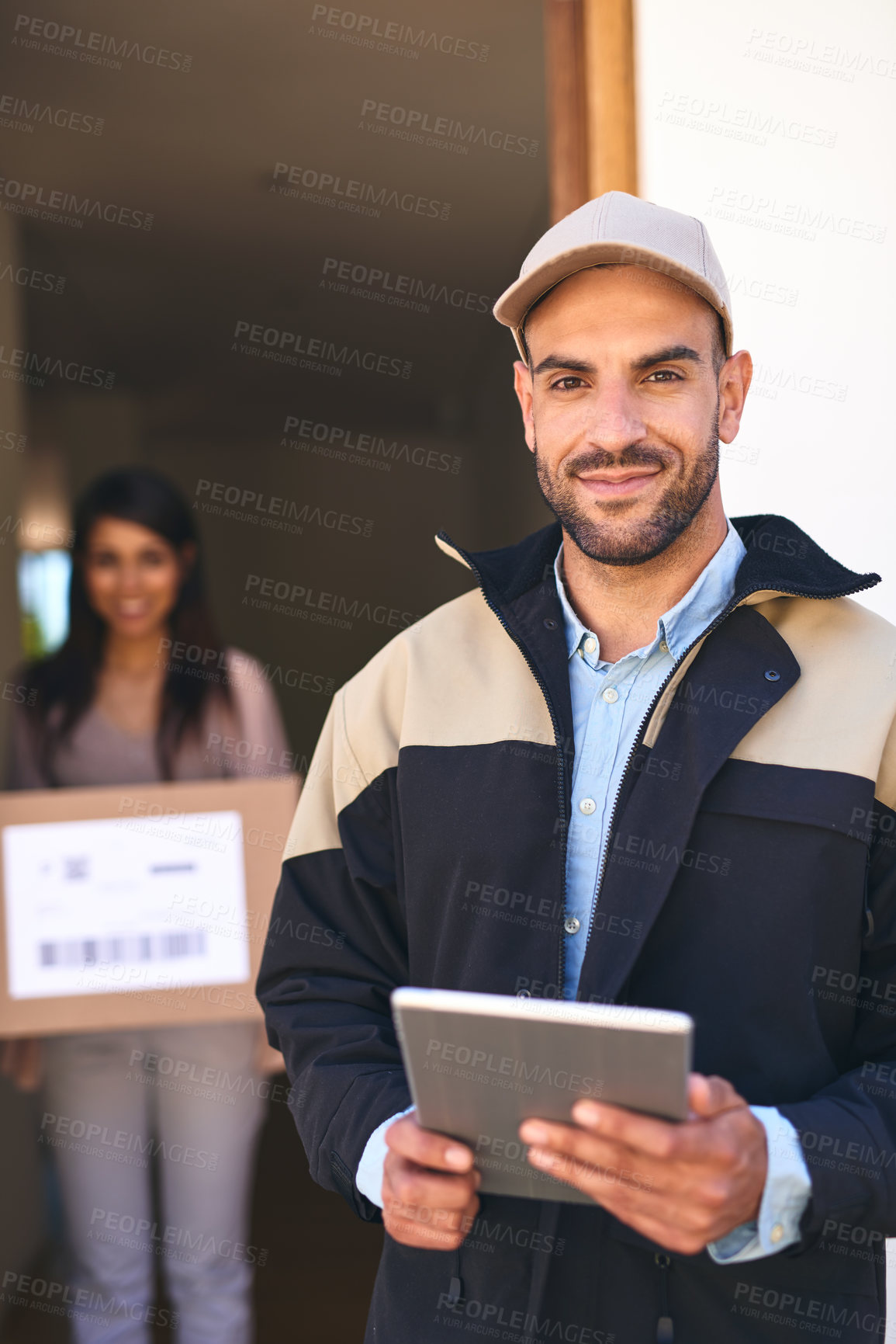 Buy stock photo Man, tablet and courier for distribution, box and logistics for parcel with technology schedule. Post office employee, delivery or shipping with online shopping or woman customer to door service