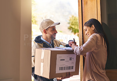 Buy stock photo Signature, woman and courier with a box, delivery and distribution with a box, service and professional. Female person, client or employee with a package, sign and shipping with a parcel or cardboard