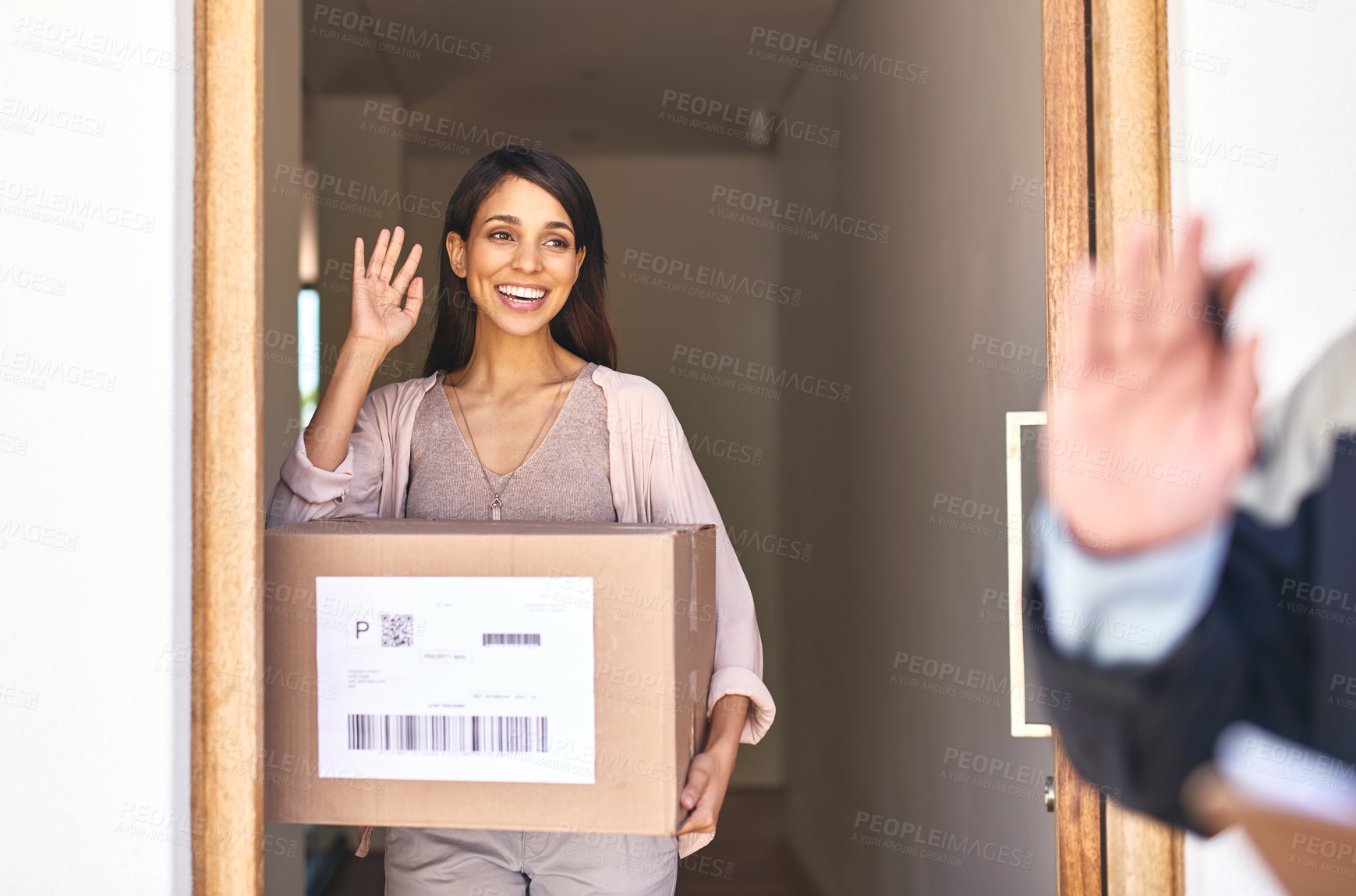 Buy stock photo Wave, delivery and good bye for courier, woman or package for shipment from online shopping. Happy, front door or retail for import logistics from female person, ecommerce or customer for cargo goods