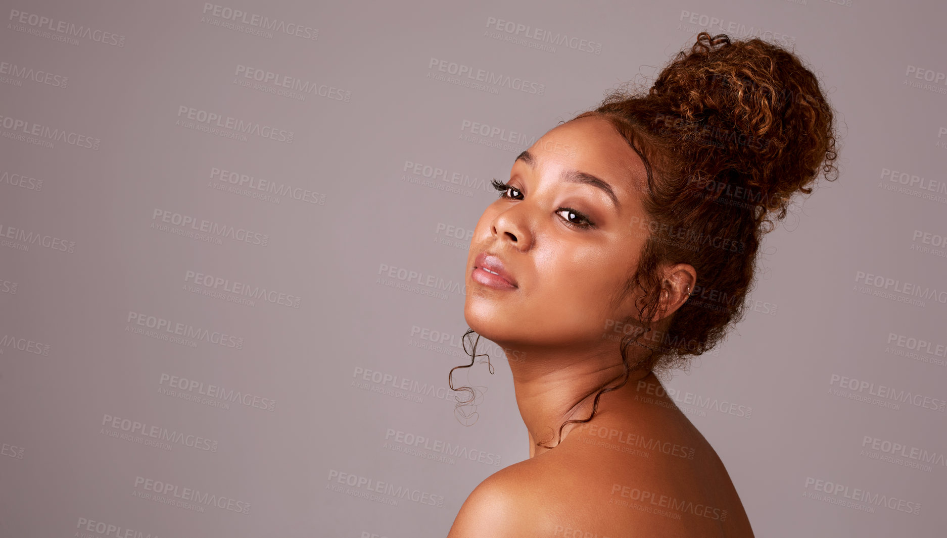 Buy stock photo Beauty, makeup and space with woman in studio for hair style, cosmetics or natural skincare. Facial, spa and glow with face of female model isolated on background for mockup, self care or shine