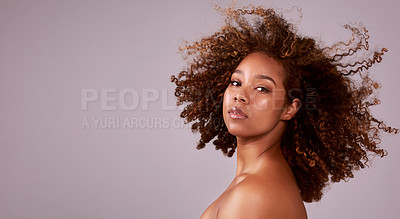 Buy stock photo Afro, hair and portrait of black woman in mockup with confidence, pride and studio space. Natural haircare, curls and hairstyle on model with growth, style and keratin treatment with pink background