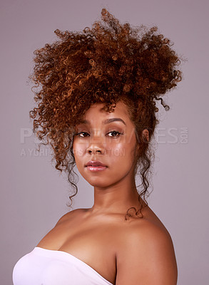 Buy stock photo Curls, hairstyle and portrait of black woman with confidence, pride and elegant salon hair care. Natural haircare, afro and style on female model with growth, keratin and treatment on gray background