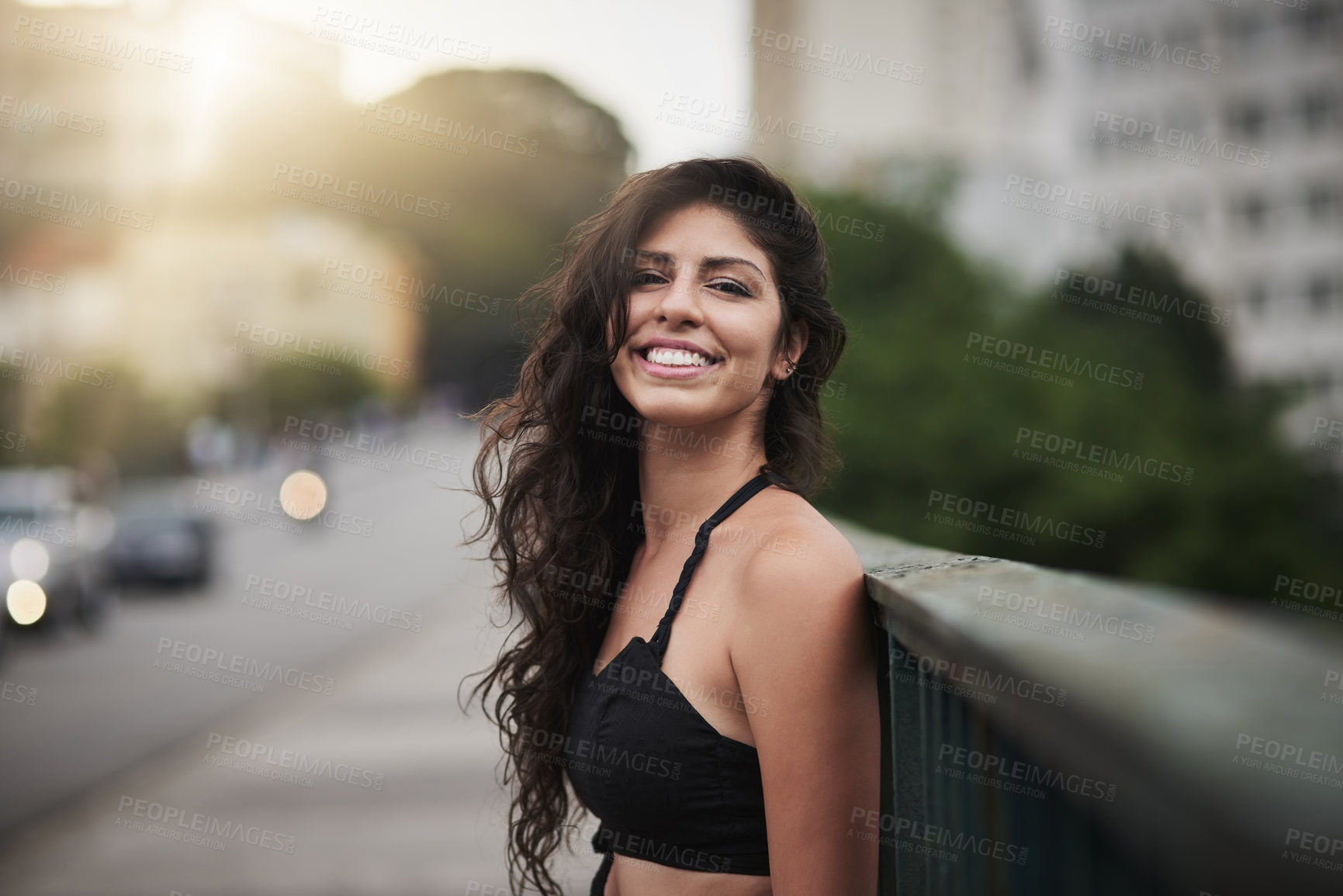 Buy stock photo Woman, happy and portrait in city for travel, holiday and adventure with excited outdoor or lens flare. Female person, smile and face in urban town for getaway trip, vacation and journey in Argentina