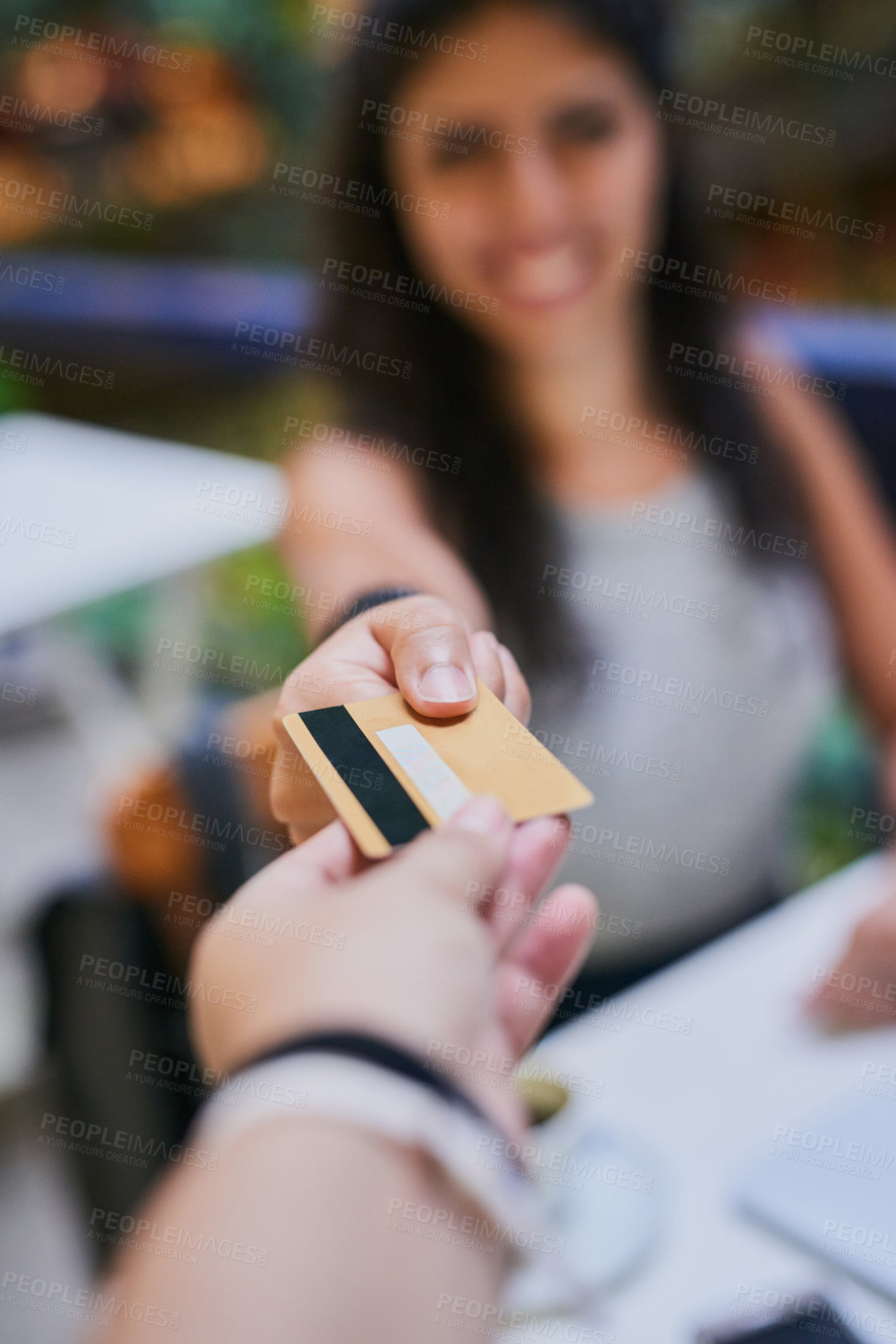Buy stock photo Woman, hands and credit card payment at a cafe or waiter in restaurant for transaction or customer ready for purchase and at coffee shop. Bills, finance and lady client or cashier and shopping person