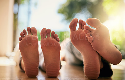 Buy stock photo Closeup shot of an unrecognizable couple's bare feet