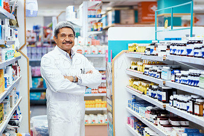 Buy stock photo Arms crossed, mature man and pharmacist at pharmacy in counter for customer service, support and help. Medical, healthcare and portrait with confidence or smile on treatment  advice at drugstore