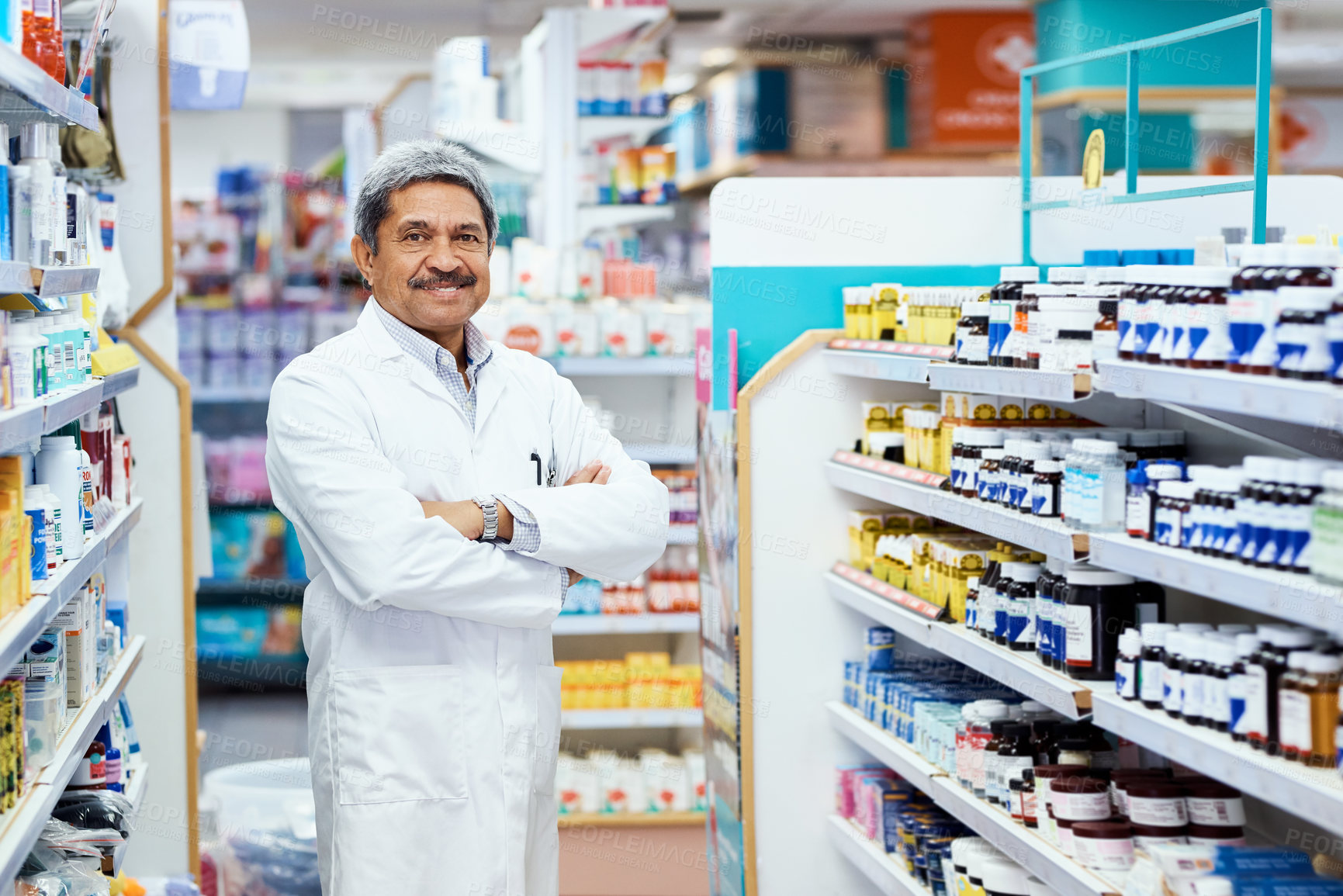 Buy stock photo Arms crossed, mature man and pharmacist at pharmacy in counter for customer service, support and help. Medical, healthcare and portrait with confidence or smile on treatment  advice at drugstore