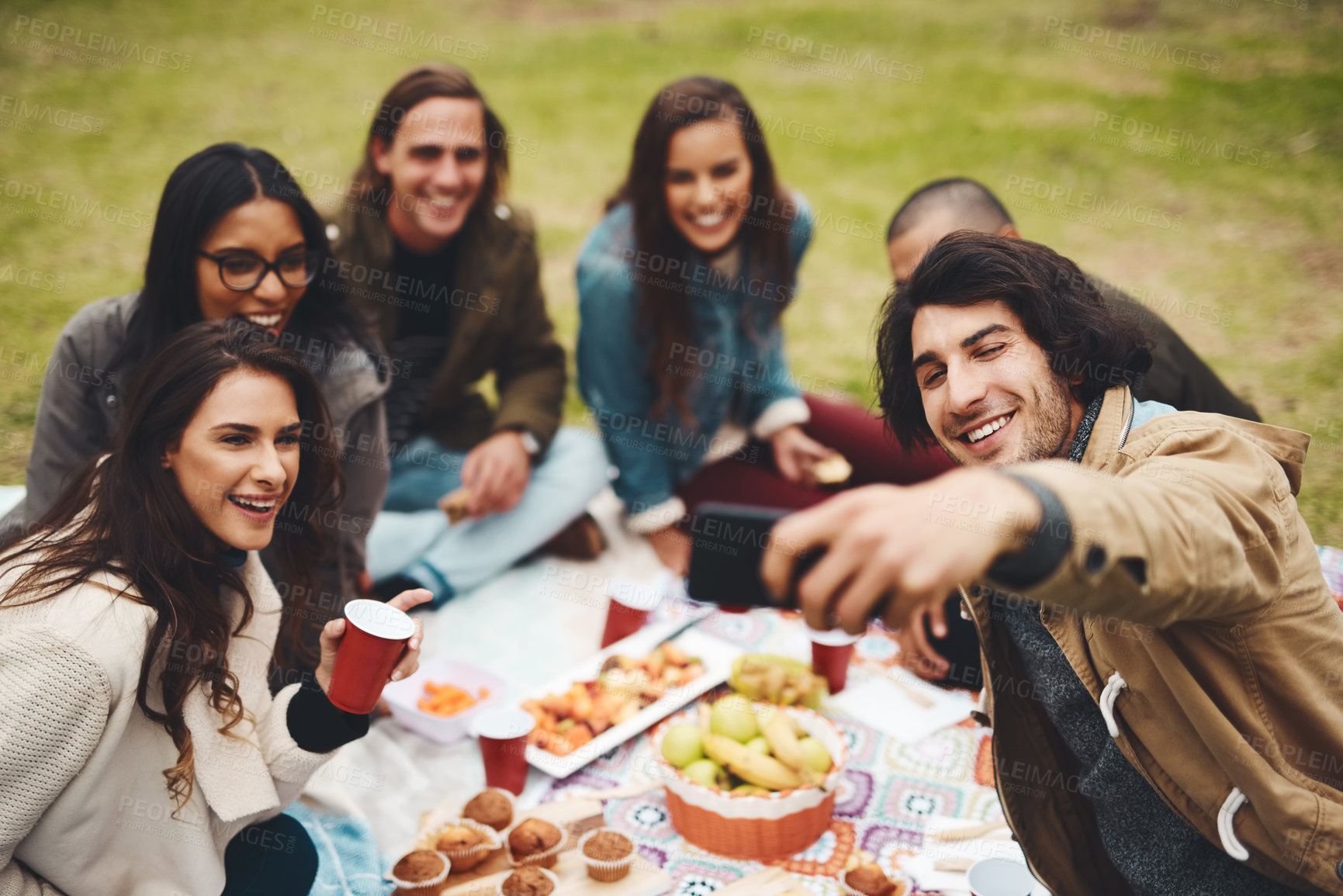 Buy stock photo Shot of a group of young friends taking a self portrait together while having a picnic outside during the day