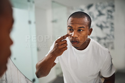 Buy stock photo Cream, skincare and mirror with black man in bathroom for beauty, morning routine and grooming. Cleaning, hygiene and self care with reflection of male person at home for facial, glow and lotion