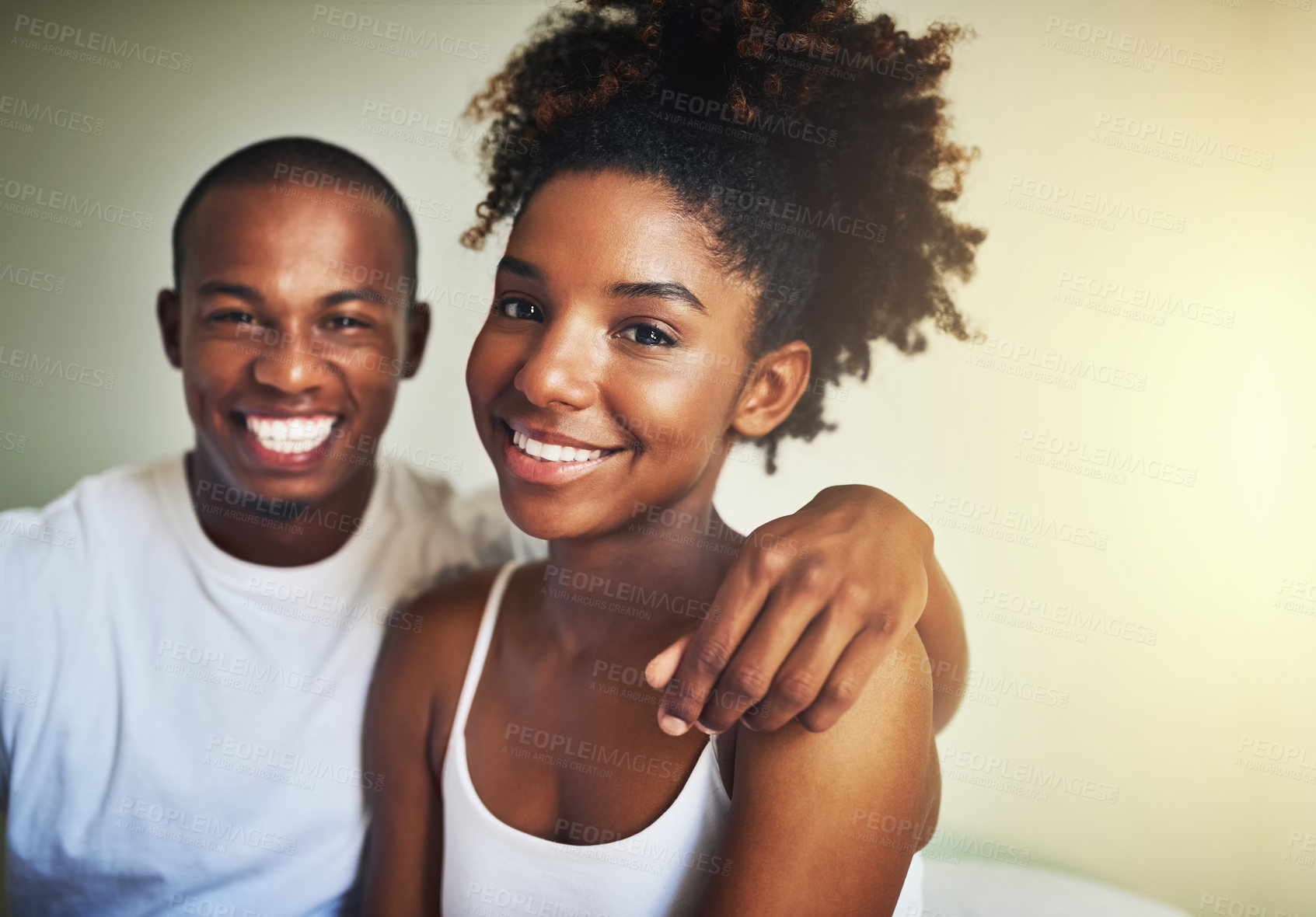 Buy stock photo Happy couple, portrait and bonding with smile in morning routine, wake up and embrace for support in bedroom. African people, excited and home on weekend for peace, relax and together with happiness