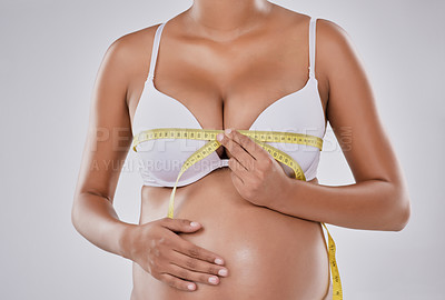 Buy stock photo Cropped studio shot of a pregnant woman measuring herself against a gray background