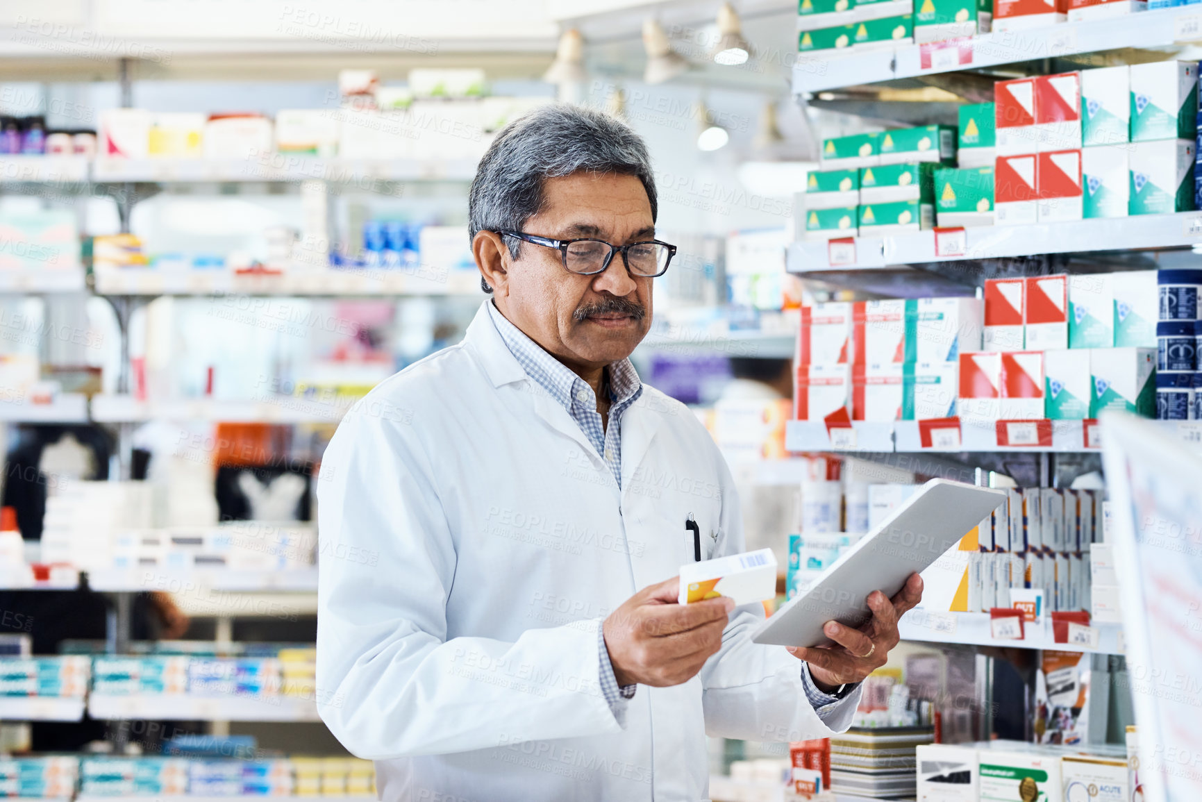 Buy stock photo Pharmacy, medication and man online with tablet for patient profile, records and inventory or stock management. Male pharmacist, technology and internet for compliance documentation and research.