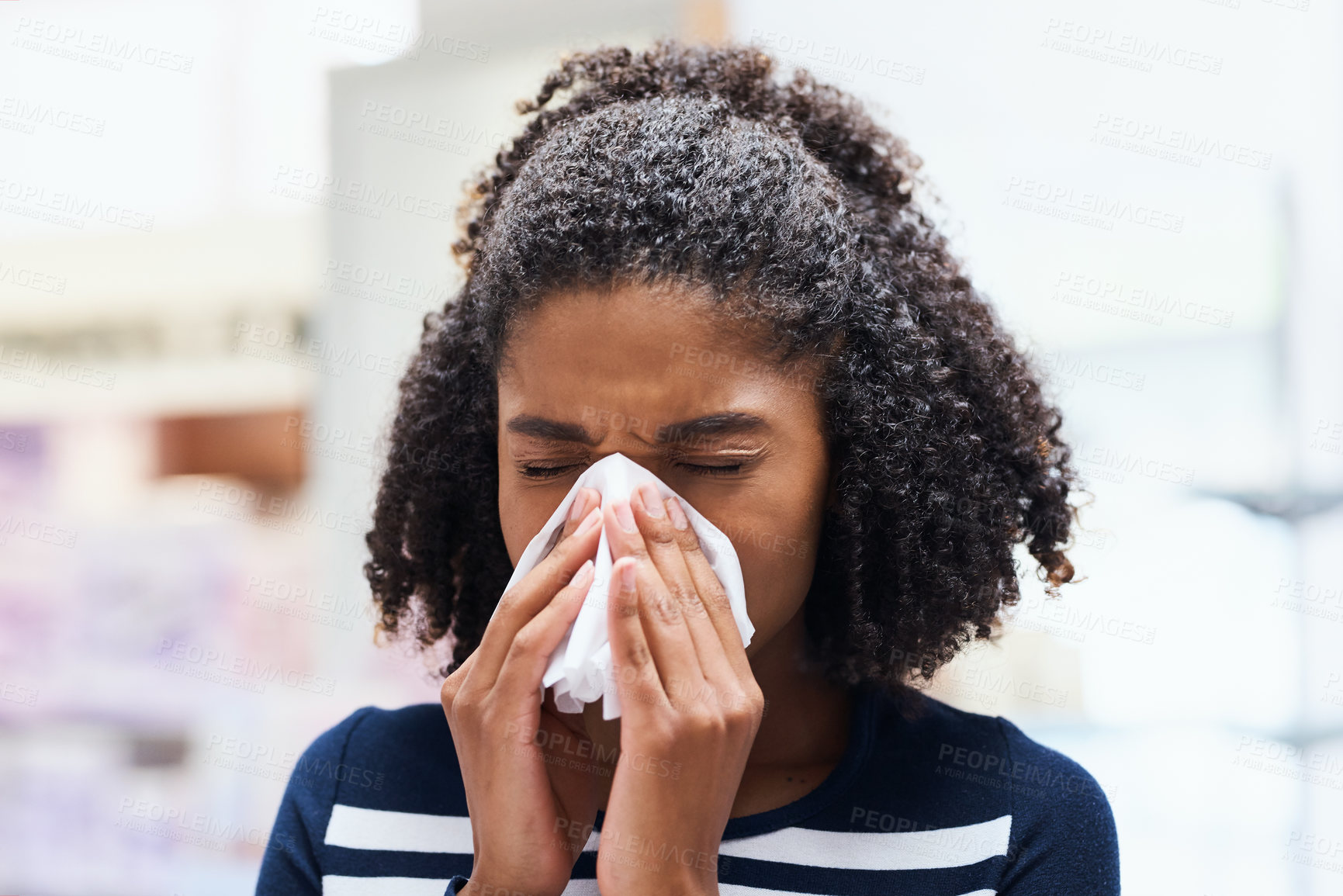 Buy stock photo Sick, woman and blowing nose with tissue at drugstore for medical virus, infection and bacteria. Healthcare, medicine and customer with toilet paper at pharmacy for flu, illness or prescription pills