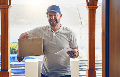Buy stock photo Happy delivery man, box and portrait with tablet for order, parcel or courier service at front door. Male person smiling with package, carrier or cargo for online purchase, deliver or transport