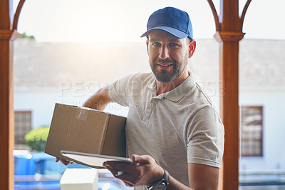 Buy stock photo Delivery man, portrait and box with tablet in logistics, ecommerce or courier service at front door. Happy male person smiling with package, carrier or cargo for online purchase, order or transport