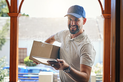 Buy stock photo Delivery man, portrait and box with tablet for logistics, ecommerce or courier service at front door. Happy male person smiling with package, carrier or cargo for online purchase, order or transport