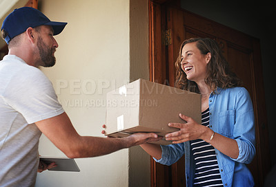 Buy stock photo Happy woman, delivery man and package box at door for order, parcel or cargo of customer in transport service. Female person receiving shipment from male courier, supply chain or deliver at the house