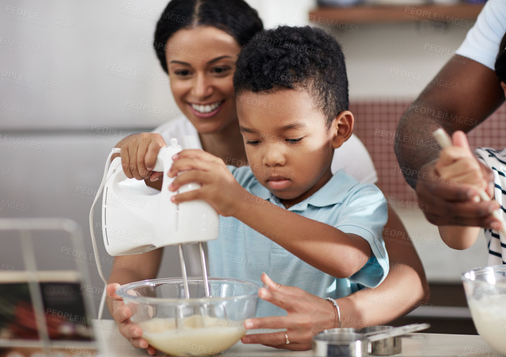 Buy stock photo Mom, child and baking with whisk machine for bonding, family time or help in kitchen at home. Mother, son or little boy preparing cookies, dough or mixture together with ingredients in bowl for snack