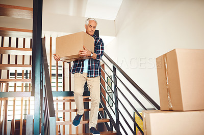 Buy stock photo Senior man, moving and box in home by stairs for real estate, property ownership and relocation. House, steps and carrying of cardboard container with mortgage, investment or packing for immigration