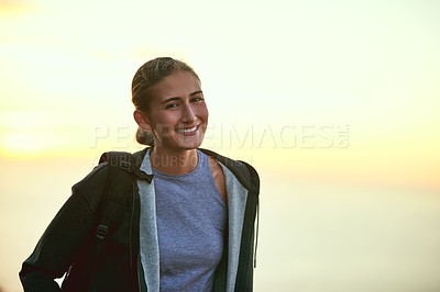 Buy stock photo Portrait of a young woman out on a hike