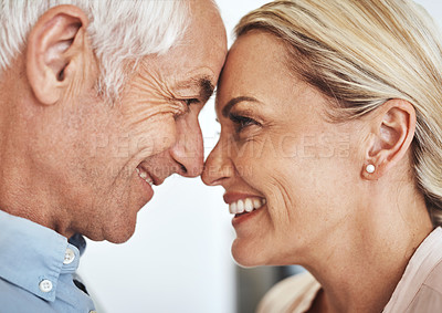 Buy stock photo Cropped shot of an affectionate mature couple standing face to face in their home
