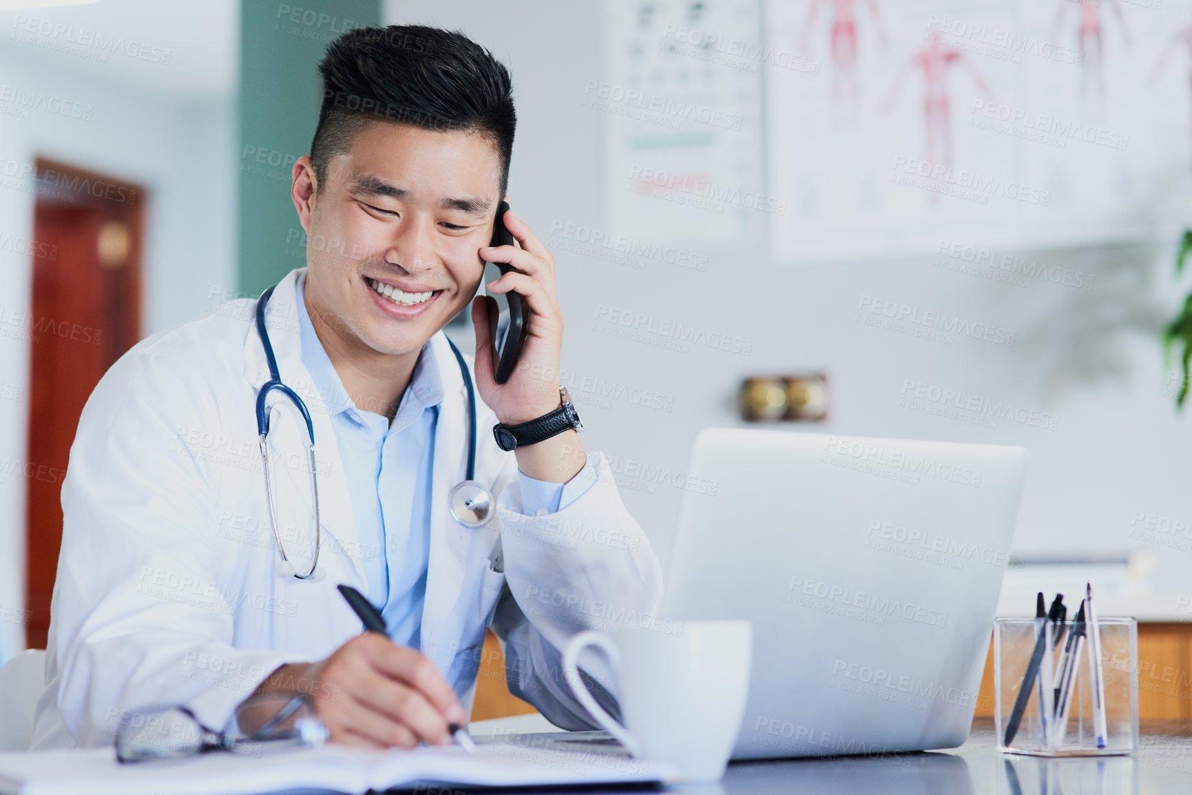 Buy stock photo Doctor, smile and man with phone call in office for medical advice, communication and update to client. Healthcare, happy and employee with tech at desk for telehealth, appointment and schedule info