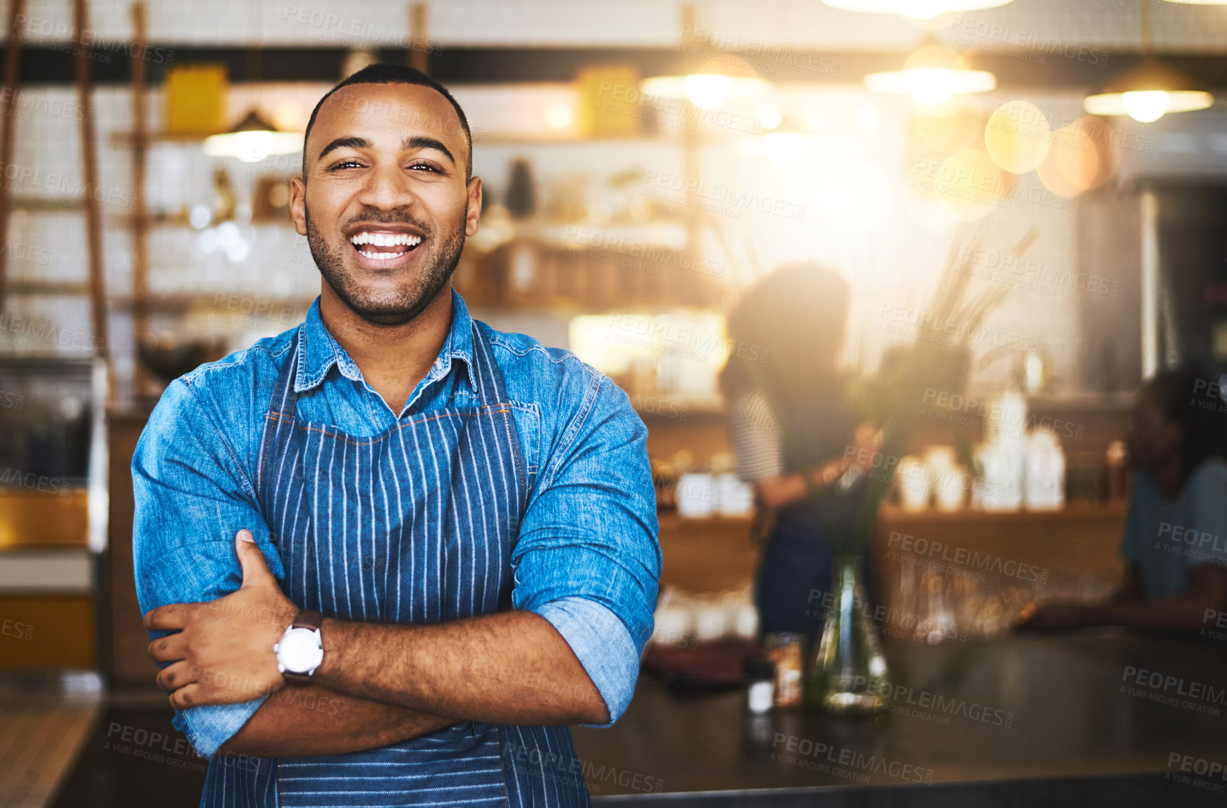 Buy stock photo Coffee shop, happy barista and portrait of black man in cafe for service, working and crossed arms. Small business owner, restaurant and professional male waiter smile in cafeteria ready to serve
