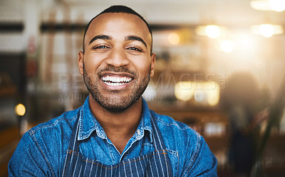 Buy stock photo Coffee shop, restaurant and portrait of black man waiter for service, working and happy in cafe. Small business owner, barista startup and confident male worker smile in cafeteria ready to serve