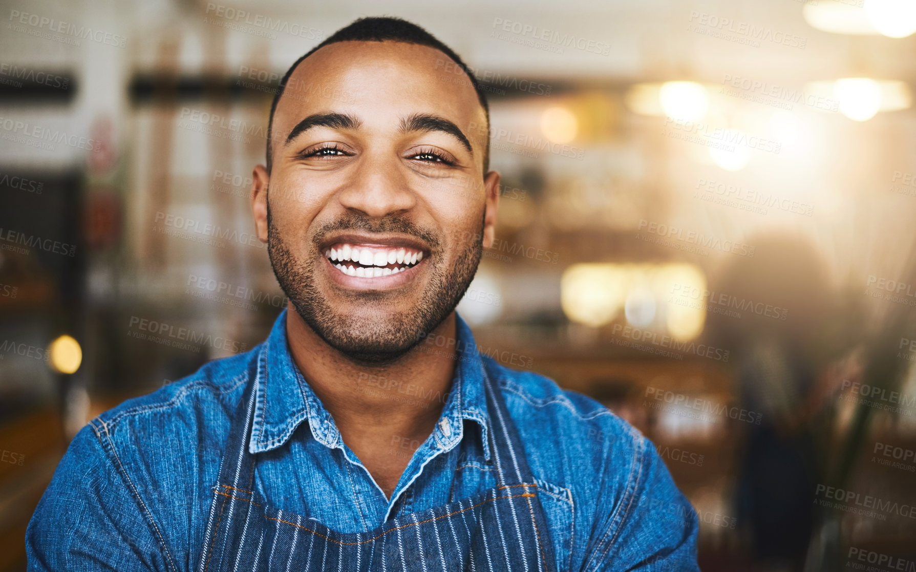 Buy stock photo Coffee shop, restaurant and portrait of black man waiter for service, working and happy in cafe. Small business owner, barista startup and confident male worker smile in cafeteria ready to serve