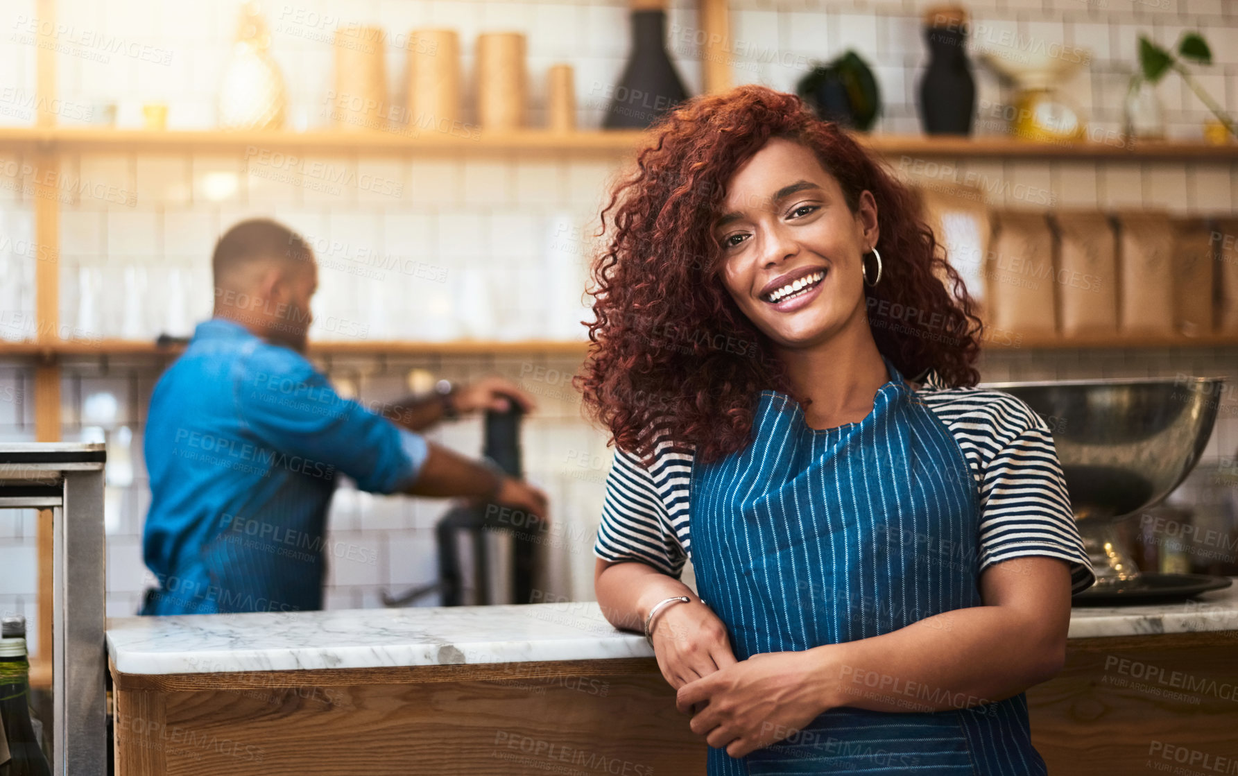 Buy stock photo Cropped portrait of an attractive young woman standing in her coffee shop
